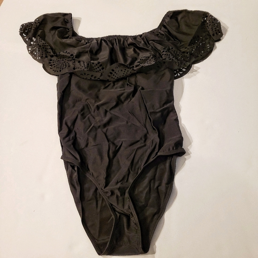 Black Ruffled Off the Shoulder 1 Piece Swimsuit - Picture 6 of 12